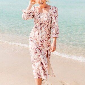 House of Harlow 1960 Palm Leaf Smocked Linen Blend Midi Dress Women's Small